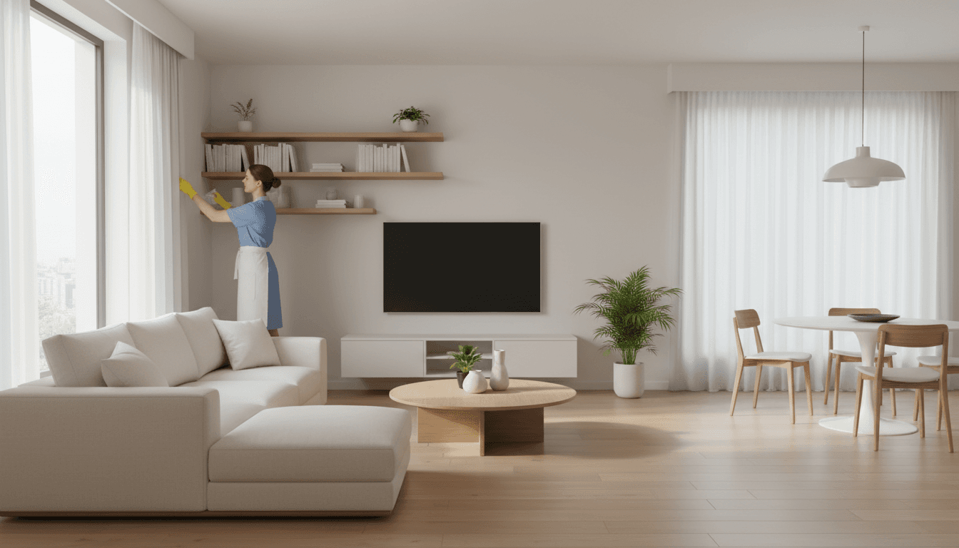 Professional cleaner organizing a bright, modern residential home with natural lighting