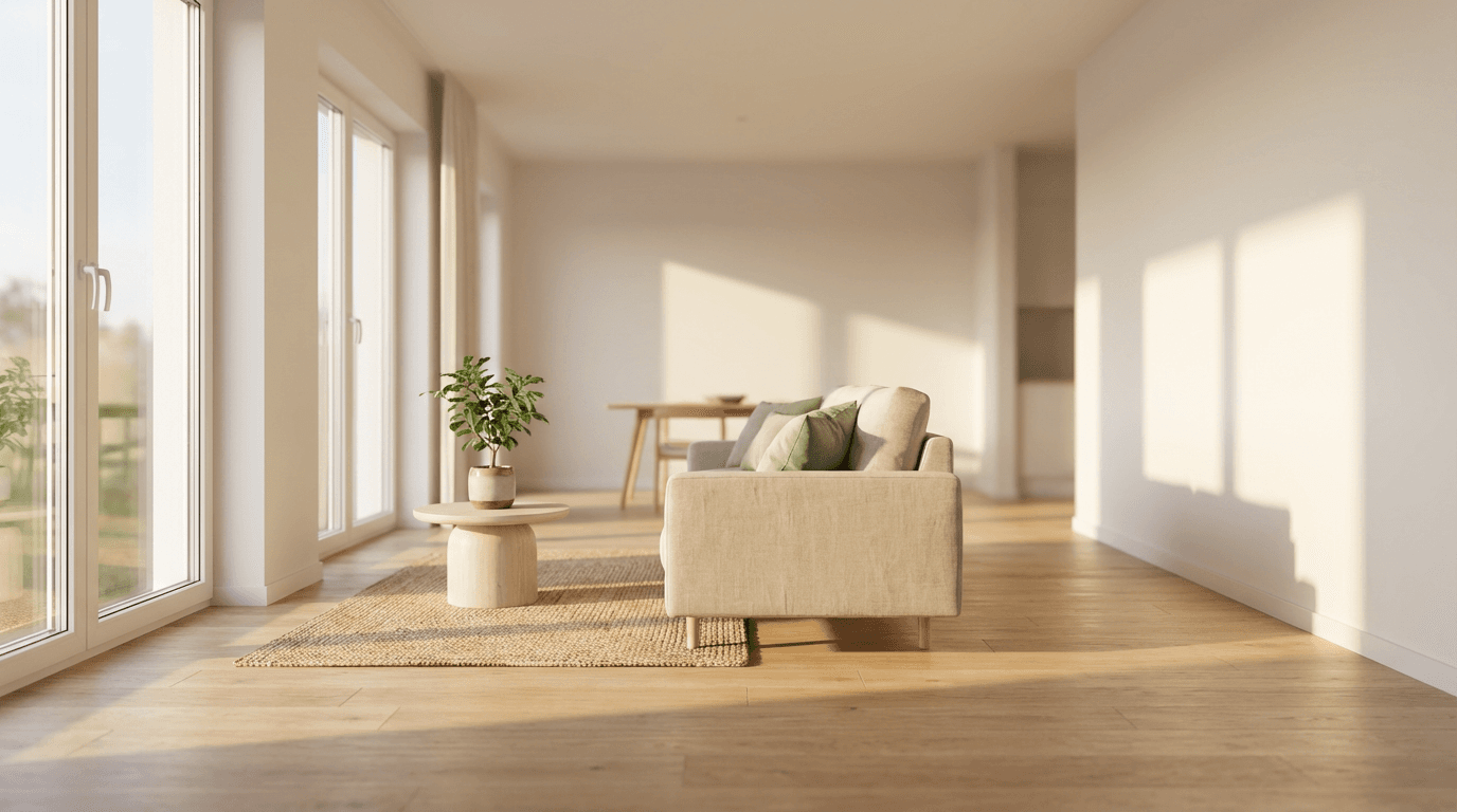 Bright, spotless home interior with clean surfaces and natural light